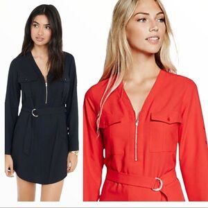 EXPRESS Portofino Zip Shirt Dress With Long Adjustable Sleeve Length Red Large